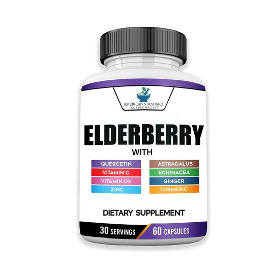 American Standard Supplements Holunderbeere-Extrakt mit Quercetin, Vitamin C, D3, Ingwer, Zink, Kurkuma, Astragalus und Echinacea – 60 Kapseln, 30 Portionen