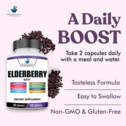American Standard Supplements Holunderbeere-Extrakt mit Quercetin, Vitamin C, D3, Ingwer, Zink, Kurkuma, Astragalus und Echinacea – 60 Kapseln, 30 Portionen