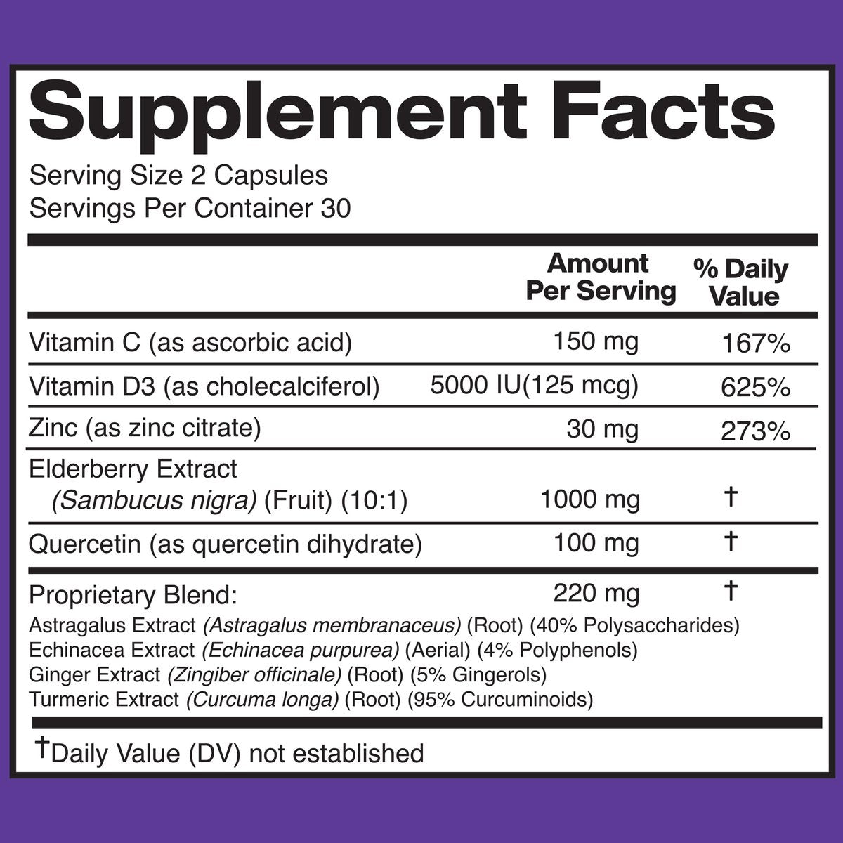 American Standard Supplements Holunderbeere-Extrakt mit Quercetin, Vitamin C, D3, Ingwer, Zink, Kurkuma, Astragalus und Echinacea – 60 Kapseln, 30 Portionen