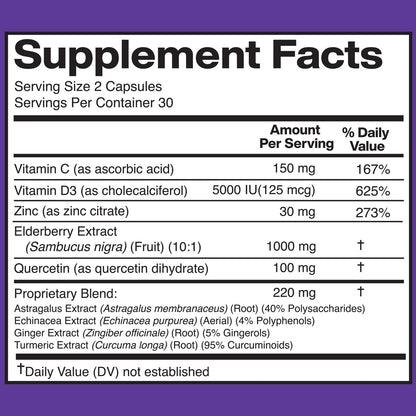 American Standard Supplements Holunderbeere-Extrakt mit Quercetin, Vitamin C, D3, Ingwer, Zink, Kurkuma, Astragalus und Echinacea – 60 Kapseln, 30 Portionen