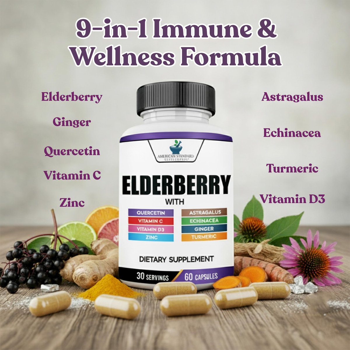 American Standard Supplements Holunderbeere-Extrakt mit Quercetin, Vitamin C, D3, Ingwer, Zink, Kurkuma, Astragalus und Echinacea – 60 Kapseln, 30 Portionen
