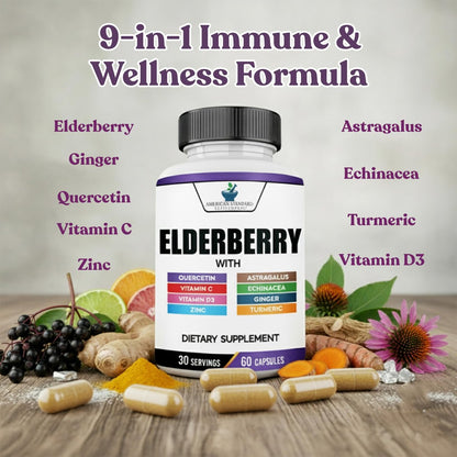 American Standard Supplements Holunderbeere-Extrakt mit Quercetin, Vitamin C, D3, Ingwer, Zink, Kurkuma, Astragalus und Echinacea – 60 Kapseln, 30 Portionen
