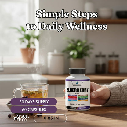 American Standard Supplements Holunderbeere-Extrakt mit Quercetin, Vitamin C, D3, Ingwer, Zink, Kurkuma, Astragalus und Echinacea – 60 Kapseln, 30 Portionen