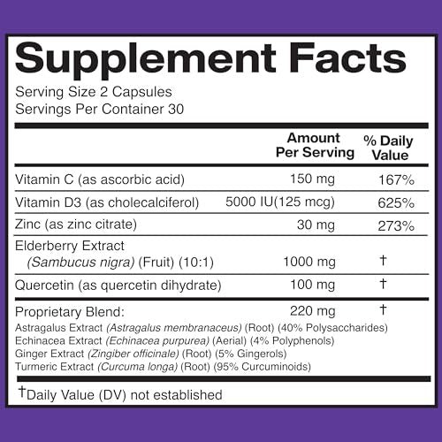 American Standard Supplements Holunderbeere-Extrakt mit Quercetin, Vitamin C, D3, Ingwer, Zink, Kurkuma, Astragalus und Echinacea – 60 Kapseln, 30 Portionen