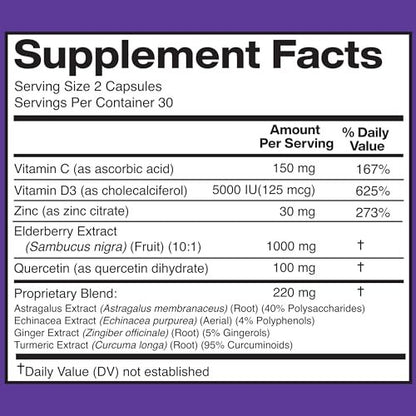 American Standard Supplements Holunderbeere-Extrakt mit Quercetin, Vitamin C, D3, Ingwer, Zink, Kurkuma, Astragalus und Echinacea – 60 Kapseln, 30 Portionen
