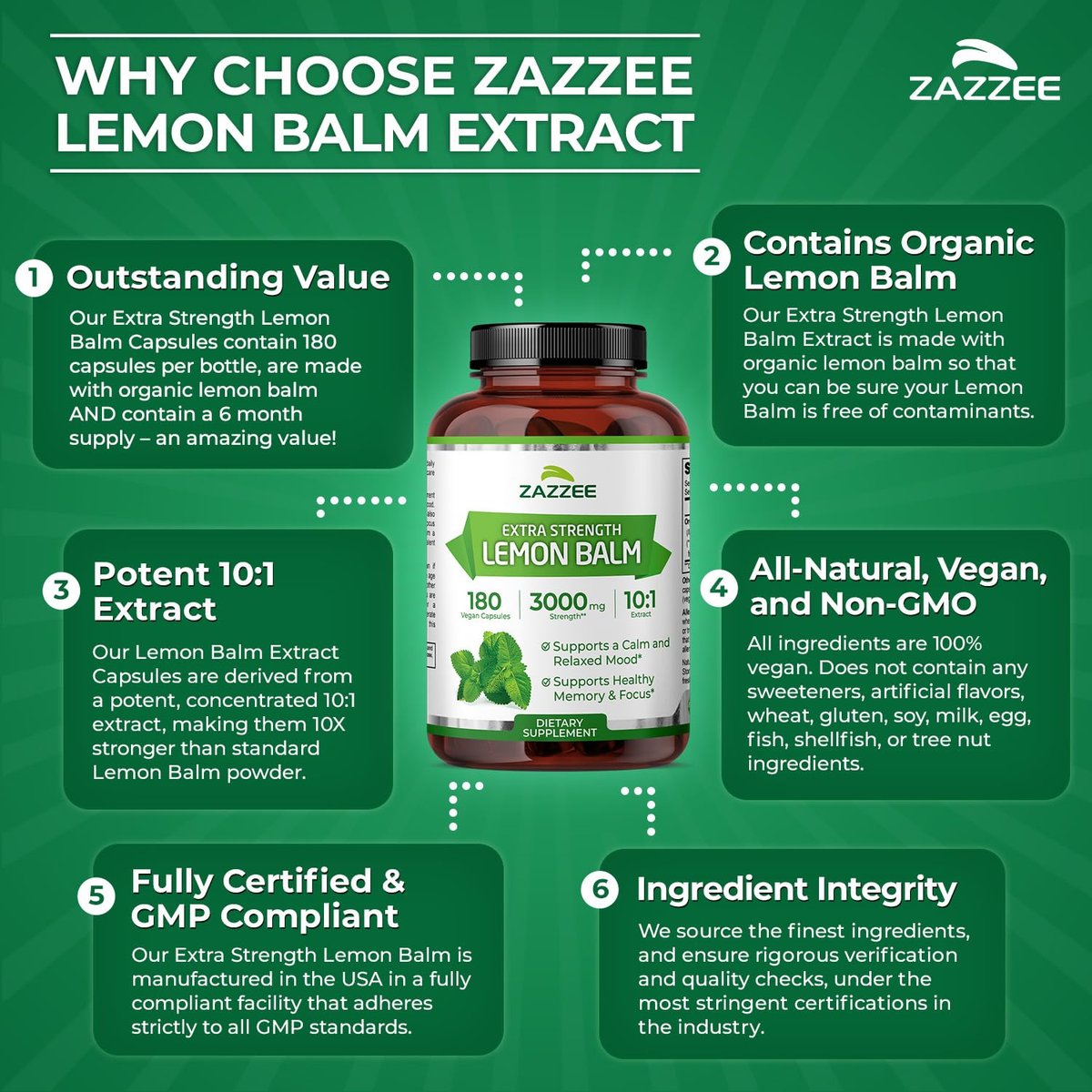 Zazzee Bio Zitronenmelisse 10:1 Extrakt, 180 vegane Kapseln, 6 Monate Vorrat, Melissa Officinalis, Unterstützung für Ruhe, Stimmung, Stress & Entspannung, pflanzliches Nahrungsergänzungsmittel, natürlich, Non-GMO, hergestellt in den USA
