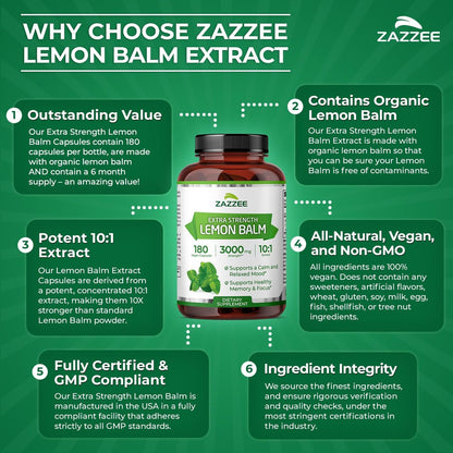 Zazzee Bio Zitronenmelisse 10:1 Extrakt, 180 vegane Kapseln, 6 Monate Vorrat, Melissa Officinalis, Unterstützung für Ruhe, Stimmung, Stress & Entspannung, pflanzliches Nahrungsergänzungsmittel, natürlich, Non-GMO, hergestellt in den USA