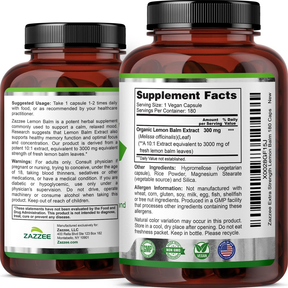 Zazzee Bio Zitronenmelisse 10:1 Extrakt, 180 vegane Kapseln, 6 Monate Vorrat, Melissa Officinalis, Unterstützung für Ruhe, Stimmung, Stress & Entspannung, pflanzliches Nahrungsergänzungsmittel, natürlich, Non-GMO, hergestellt in den USA