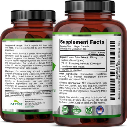 Zazzee Bio Zitronenmelisse 10:1 Extrakt, 180 vegane Kapseln, 6 Monate Vorrat, Melissa Officinalis, Unterstützung für Ruhe, Stimmung, Stress & Entspannung, pflanzliches Nahrungsergänzungsmittel, natürlich, Non-GMO, hergestellt in den USA