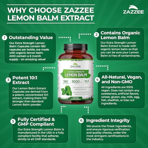 Zazzee Bio Zitronenmelisse 10:1 Extrakt, 180 vegane Kapseln, 6 Monate Vorrat, Melissa Officinalis, Unterstützung für Ruhe, Stimmung, Stress & Entspannung, pflanzliches Nahrungsergänzungsmittel, natürlich, Non-GMO, hergestellt in den USA