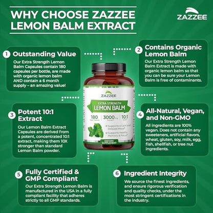 Zazzee Bio Zitronenmelisse 10:1 Extrakt, 180 vegane Kapseln, 6 Monate Vorrat, Melissa Officinalis, Unterstützung für Ruhe, Stimmung, Stress & Entspannung, pflanzliches Nahrungsergänzungsmittel, natürlich, Non-GMO, hergestellt in den USA