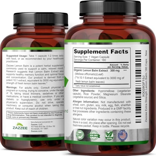 Zazzee Bio Zitronenmelisse 10:1 Extrakt, 180 vegane Kapseln, 6 Monate Vorrat, Melissa Officinalis, Unterstützung für Ruhe, Stimmung, Stress & Entspannung, pflanzliches Nahrungsergänzungsmittel, natürlich, Non-GMO, hergestellt in den USA