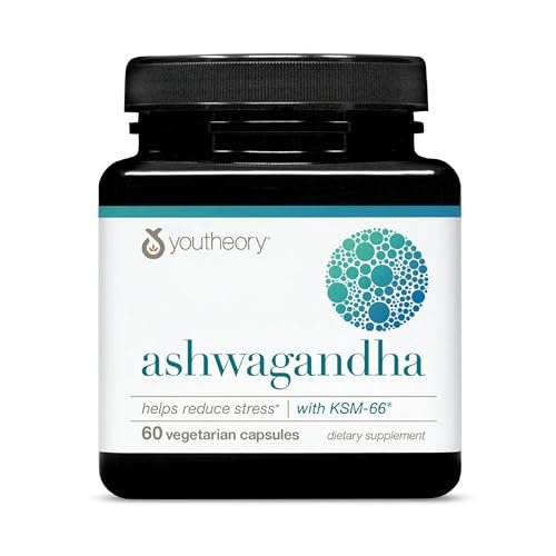 Youtheory Ashwagandha mit organischem KSM-66 Ashwagandha – Kräutermischung zur Unterstützung von Stressabbau & Energielevel* – Hilft, die Stimmung zu unterstützen* – 60 vegetarische Kapseln (30-Tage-Vorrat)