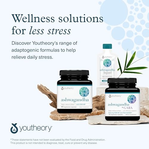 Youtheory Ashwagandha mit organischem KSM-66 Ashwagandha – Kräutermischung zur Unterstützung von Stressabbau & Energielevel* – Hilft, die Stimmung zu unterstützen* – 60 vegetarische Kapseln (30-Tage-Vorrat)