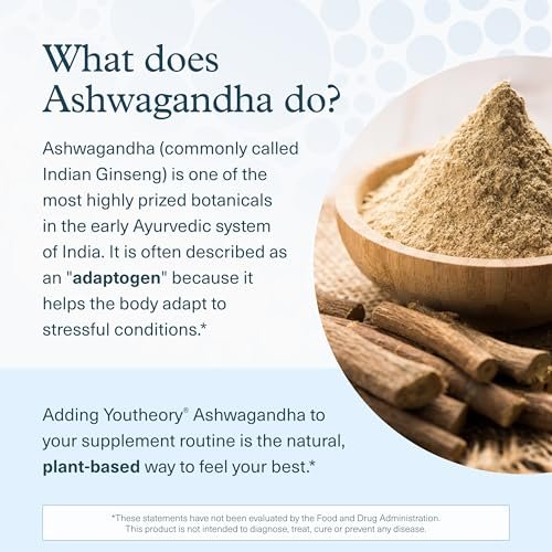 Youtheory Ashwagandha mit organischem KSM-66 Ashwagandha – Kräutermischung zur Unterstützung von Stressabbau & Energielevel* – Hilft, die Stimmung zu unterstützen* – 60 vegetarische Kapseln (30-Tage-Vorrat)