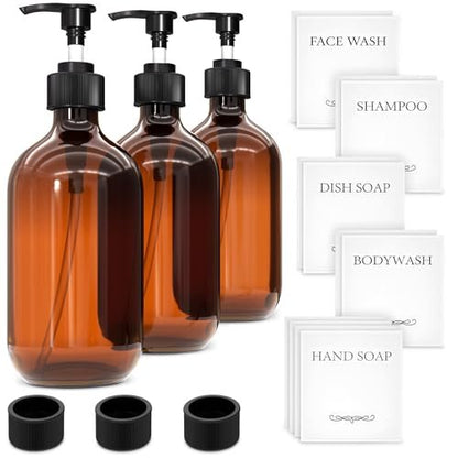 Aquue Set mit 3 Plastik-Amberseifenspender mit Pumpe – 16 oz nachfüllbare Shampoo- und Conditionerflaschen – wiederverwendbar für Handseife, Spülmittel, Lotion, Gel, Duschgel in Küche, Bad, Dusche
