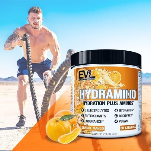 Evlution Nutrition HYDRAMINO Kompletter Hydratations-Multiplikator - Alle 6 Elektrolyte, Vitamin C & B, Aminosäuren, Kokoswasser, Orange Mango - 30 Portionen