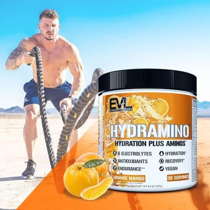 Evlution Nutrition HYDRAMINO Kompletter Hydratations-Multiplikator - Alle 6 Elektrolyte, Vitamin C & B, Aminosäuren, Kokoswasser, Orange Mango - 30 Portionen