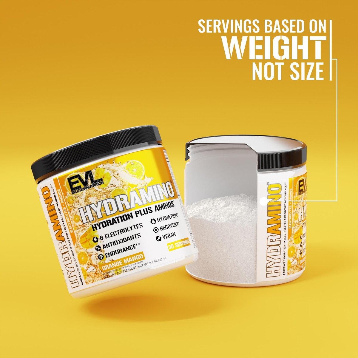 Evlution Nutrition HYDRAMINO Kompletter Hydratations-Multiplikator - Alle 6 Elektrolyte, Vitamin C & B, Aminosäuren, Kokoswasser, Orange Mango - 30 Portionen