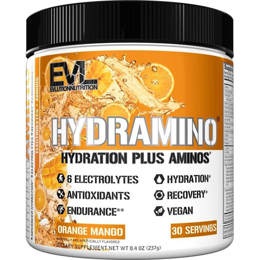 Evlution Nutrition HYDRAMINO Kompletter Hydratations-Multiplikator - Alle 6 Elektrolyte, Vitamin C & B, Aminosäuren, Kokoswasser, Orange Mango - 30 Portionen