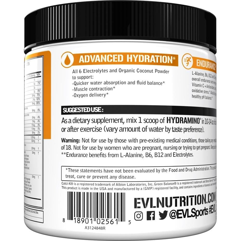 Evlution Nutrition HYDRAMINO Kompletter Hydratations-Multiplikator - Alle 6 Elektrolyte, Vitamin C & B, Aminosäuren, Kokoswasser, Orange Mango - 30 Portionen