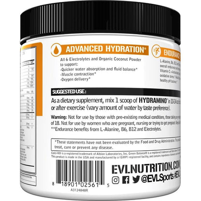 Evlution Nutrition HYDRAMINO Kompletter Hydratations-Multiplikator - Alle 6 Elektrolyte, Vitamin C & B, Aminosäuren, Kokoswasser, Orange Mango - 30 Portionen