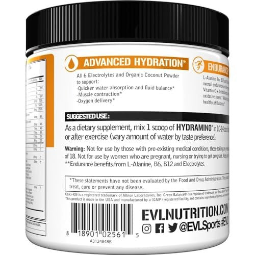 Evlution Nutrition HYDRAMINO Kompletter Hydratations-Multiplikator - Alle 6 Elektrolyte, Vitamin C & B, Aminosäuren, Kokoswasser, Orange Mango - 30 Portionen