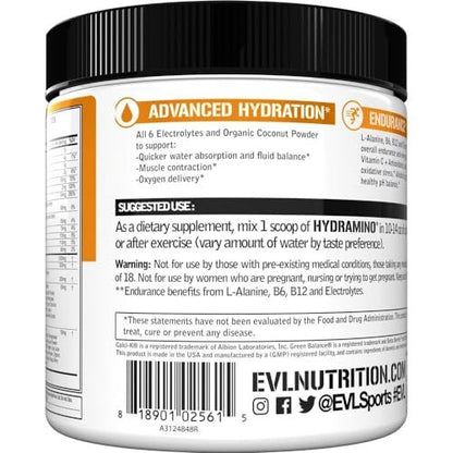 Evlution Nutrition HYDRAMINO Kompletter Hydratations-Multiplikator - Alle 6 Elektrolyte, Vitamin C & B, Aminosäuren, Kokoswasser, Orange Mango - 30 Portionen