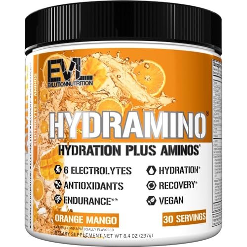 Evlution Nutrition HYDRAMINO Kompletter Hydratations-Multiplikator - Alle 6 Elektrolyte, Vitamin C & B, Aminosäuren, Kokoswasser, Orange Mango - 30 Portionen