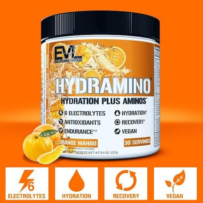 Evlution Nutrition HYDRAMINO Kompletter Hydratations-Multiplikator - Alle 6 Elektrolyte, Vitamin C & B, Aminosäuren, Kokoswasser, Orange Mango - 30 Portionen
