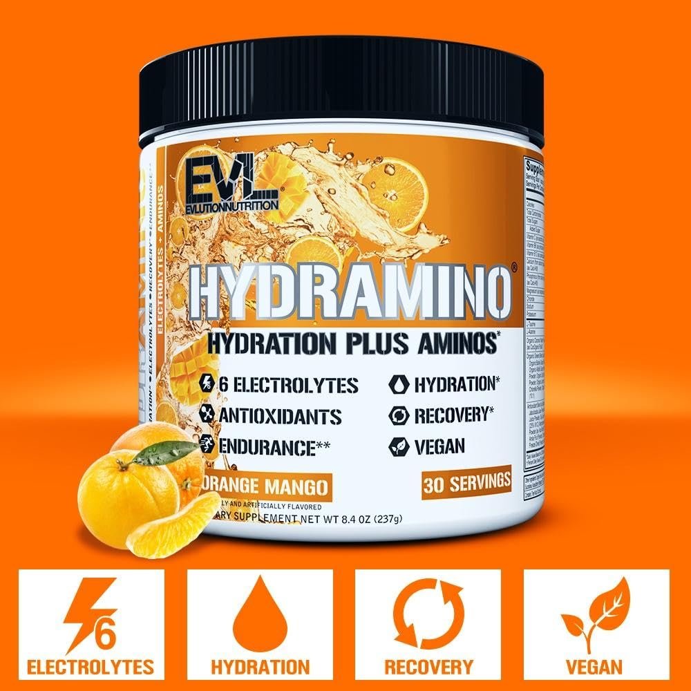 Evlution Nutrition HYDRAMINO Kompletter Hydratations-Multiplikator - Alle 6 Elektrolyte, Vitamin C & B, Aminosäuren, Kokoswasser, Orange Mango - 30 Portionen