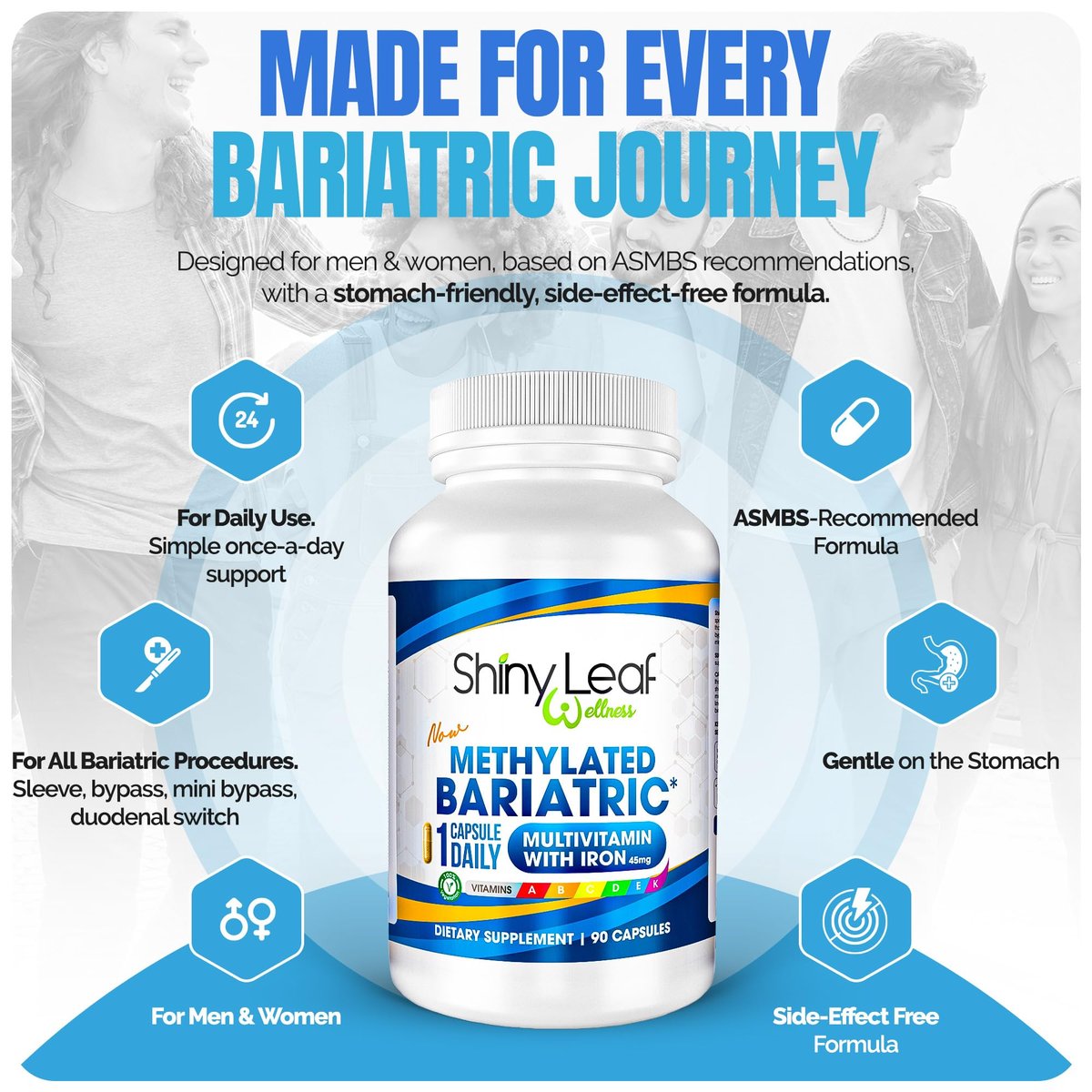 Shiny Leaf Methylated Bariatric Multivitamin mit Eisen 45 mg – Einmal täglich Kapsel, Hergestellt in den USA, ASMBS-konforme bariatrische Vitamine für Magenbypass & Magenschlauch, für Männer & Frauen – (90 Stück)