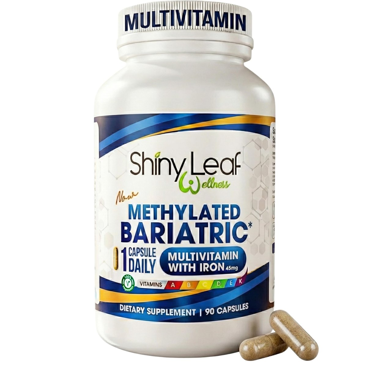 Shiny Leaf Methylated Bariatric Multivitamin mit Eisen 45 mg – Einmal täglich Kapsel, Hergestellt in den USA, ASMBS-konforme bariatrische Vitamine für Magenbypass & Magenschlauch, für Männer & Frauen – (90 Stück)