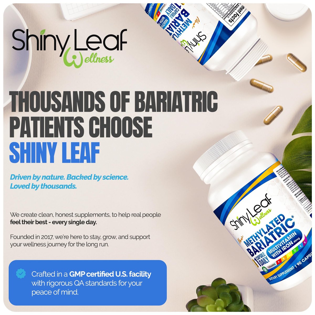 Shiny Leaf Methylated Bariatric Multivitamin mit Eisen 45 mg – Einmal täglich Kapsel, Hergestellt in den USA, ASMBS-konforme bariatrische Vitamine für Magenbypass & Magenschlauch, für Männer & Frauen – (90 Stück)
