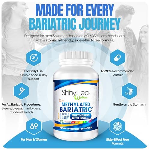 Shiny Leaf Methylated Bariatric Multivitamin mit Eisen 45 mg – Einmal täglich Kapsel, Hergestellt in den USA, ASMBS-konforme bariatrische Vitamine für Magenbypass & Magenschlauch, für Männer & Frauen – (90 Stück)