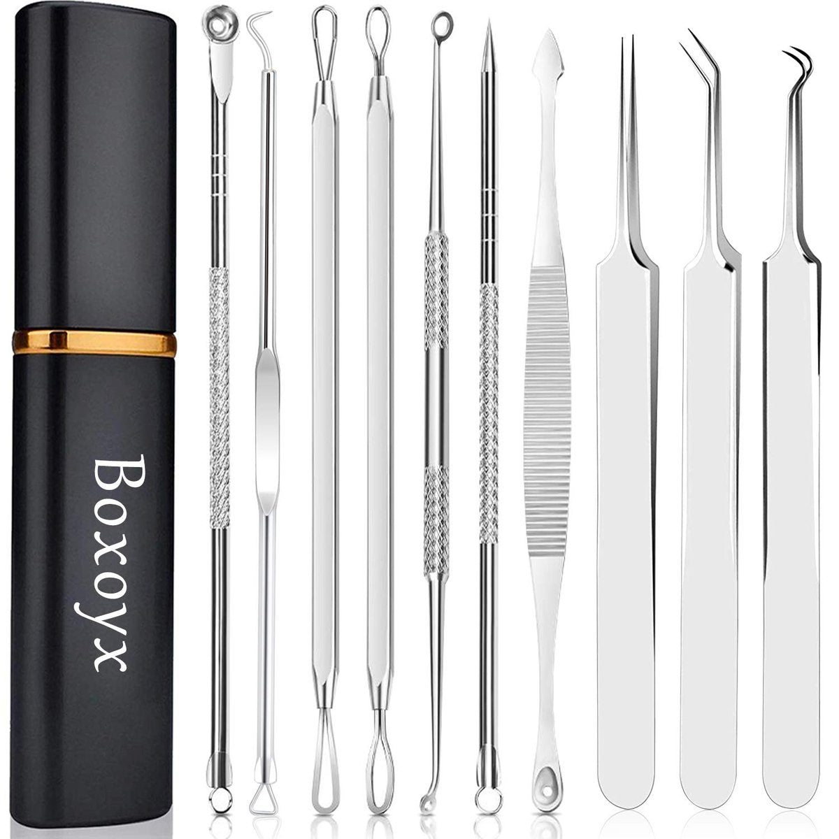 Boxoyx Pickelentferner-Set – 10-teiliges Komedonenentferner-Set aus Edelstahl mit Metallbox für einfache und schnelle Entfernung von Pickeln, Mitessern und Unreinheiten (Silber)