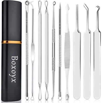 Boxoyx Pickelentferner-Set – 10-teiliges Komedonenentferner-Set aus Edelstahl mit Metallbox für einfache und schnelle Entfernung von Pickeln, Mitessern und Unreinheiten (Silber)