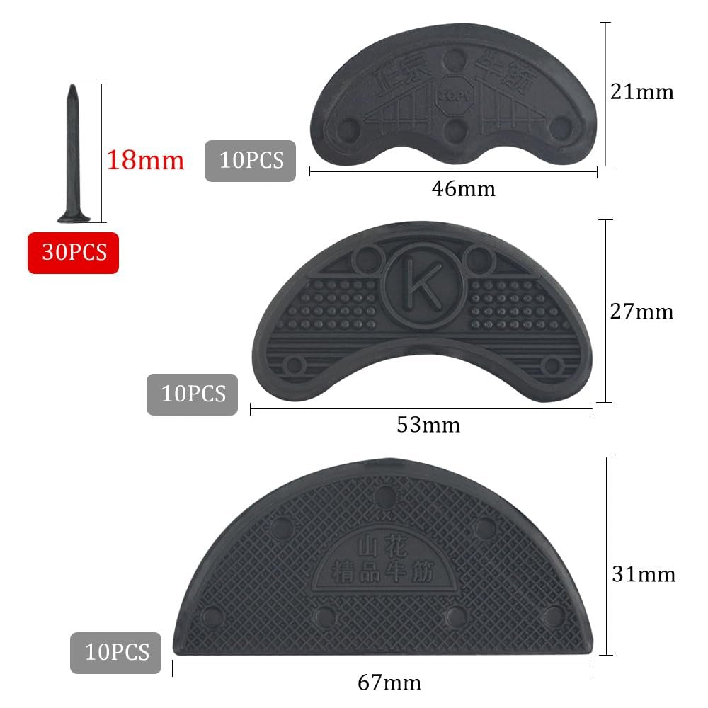 TOVOT 30-teiliges Absatzplatten-Set Schwarz – Absatzkappen, Gummispitzen für Sohlenschutz & Reparatur mit Nägeln (3 Größen)