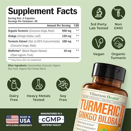 Ginkgo Biloba Kapseln mit 120mg Ginkgo Biloba & Bio Kurkuma für Gelenkunterstützung, Fokus und Gehirngesundheit – Ginko Biloba Supplement mit Schwarzem Pfeffer (Bioperin) für maximale Absorption – 60 Kapseln