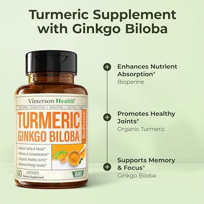 Ginkgo Biloba Kapseln mit 120mg Ginkgo Biloba & Bio Kurkuma für Gelenkunterstützung, Fokus und Gehirngesundheit – Ginko Biloba Supplement mit Schwarzem Pfeffer (Bioperin) für maximale Absorption – 60 Kapseln
