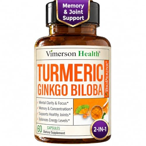 Ginkgo Biloba Kapseln mit 120mg Ginkgo Biloba & Bio Kurkuma für Gelenkunterstützung, Fokus und Gehirngesundheit – Ginko Biloba Supplement mit Schwarzem Pfeffer (Bioperin) für maximale Absorption – 60 Kapseln