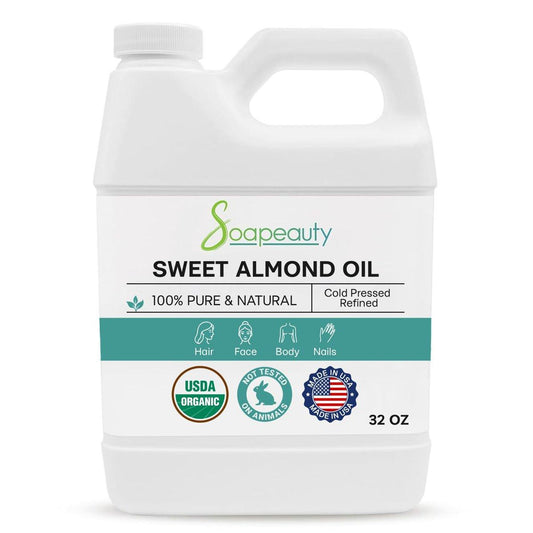 Soapeuty Süßes Mandelöl kaltgepresst, raffiniert, USDA Bio | 100% rein & natürlich, erhältlich in Großgebinden | Trägeröl für ätherische Öle, Massage, Haut, Gesicht und Haare, Seifenherstellung, DIY | 946 ml