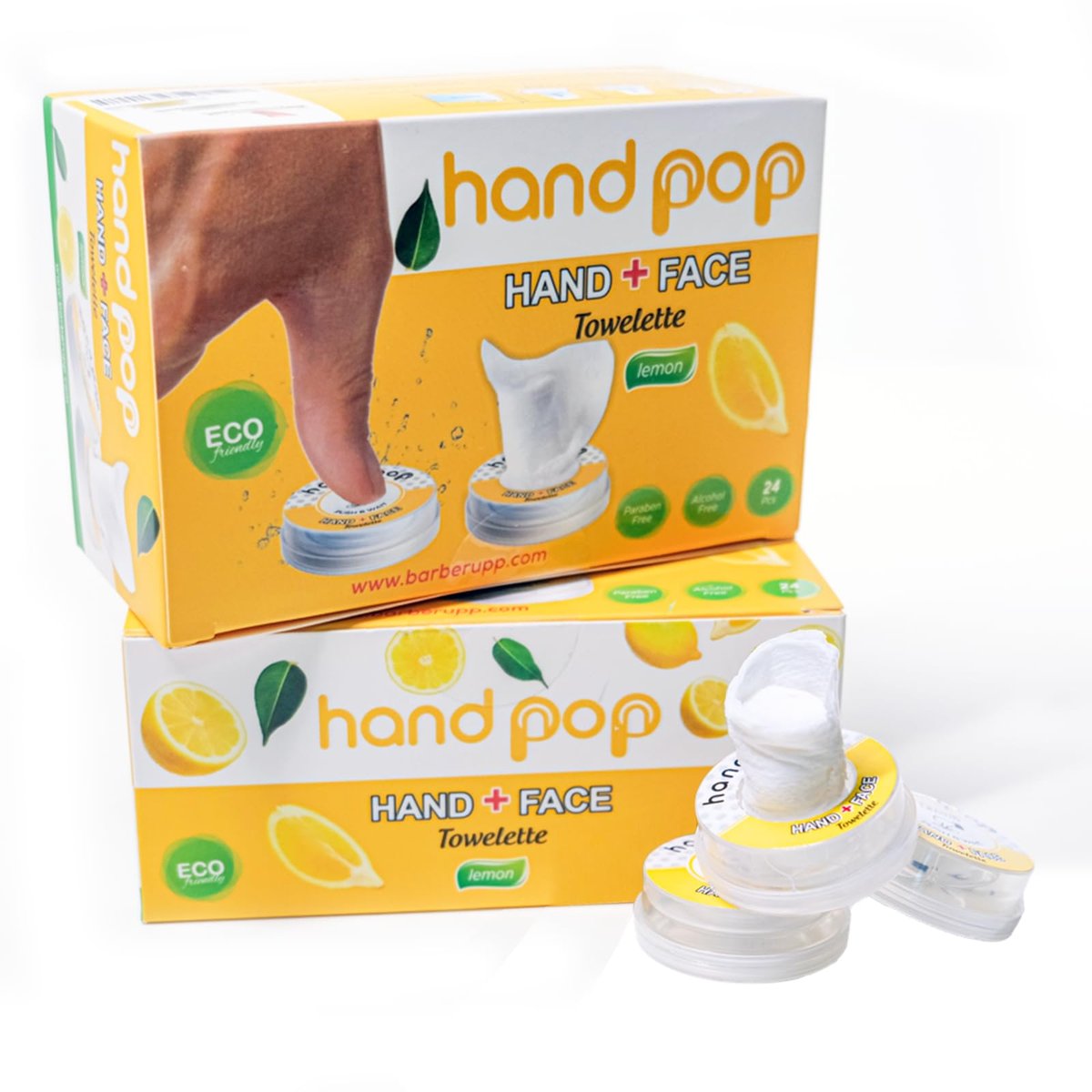BARBERUPP Hand Pop Lemon Scented Wipes – 24er Pack Reisefeuchttücher, Alkoholfrei, Feuchtigkeitsspendend, Umweltfreundlich, Erfrischend, Passt in Sporttasche, Handtasche, Tasche oder Gepäck