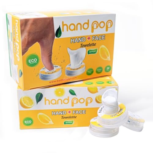 BARBERUPP Hand Pop Lemon Scented Wipes – 24er Pack Reisefeuchttücher, Alkoholfrei, Feuchtigkeitsspendend, Umweltfreundlich, Erfrischend, Passt in Sporttasche, Handtasche, Tasche oder Gepäck