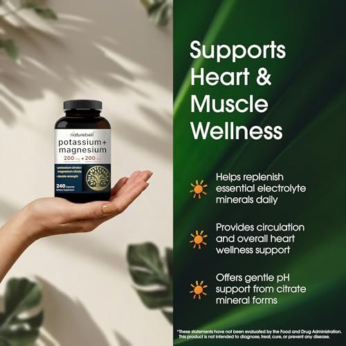 NatureBell Kalium Magnesium - 240 Kapseln - 200mg Kaliumcitrat & 200mg Magnesiumcitrat - Hochabsorbierender Elektrolyt & Kreislaufunterstützung* - Muskel- & Herzunterstützung*