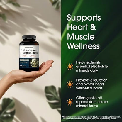 NatureBell Kalium Magnesium - 240 Kapseln - 200mg Kaliumcitrat & 200mg Magnesiumcitrat - Hochabsorbierender Elektrolyt & Kreislaufunterstützung* - Muskel- & Herzunterstützung*