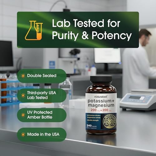 NatureBell Kalium Magnesium - 240 Kapseln - 200mg Kaliumcitrat & 200mg Magnesiumcitrat - Hochabsorbierender Elektrolyt & Kreislaufunterstützung* - Muskel- & Herzunterstützung*
