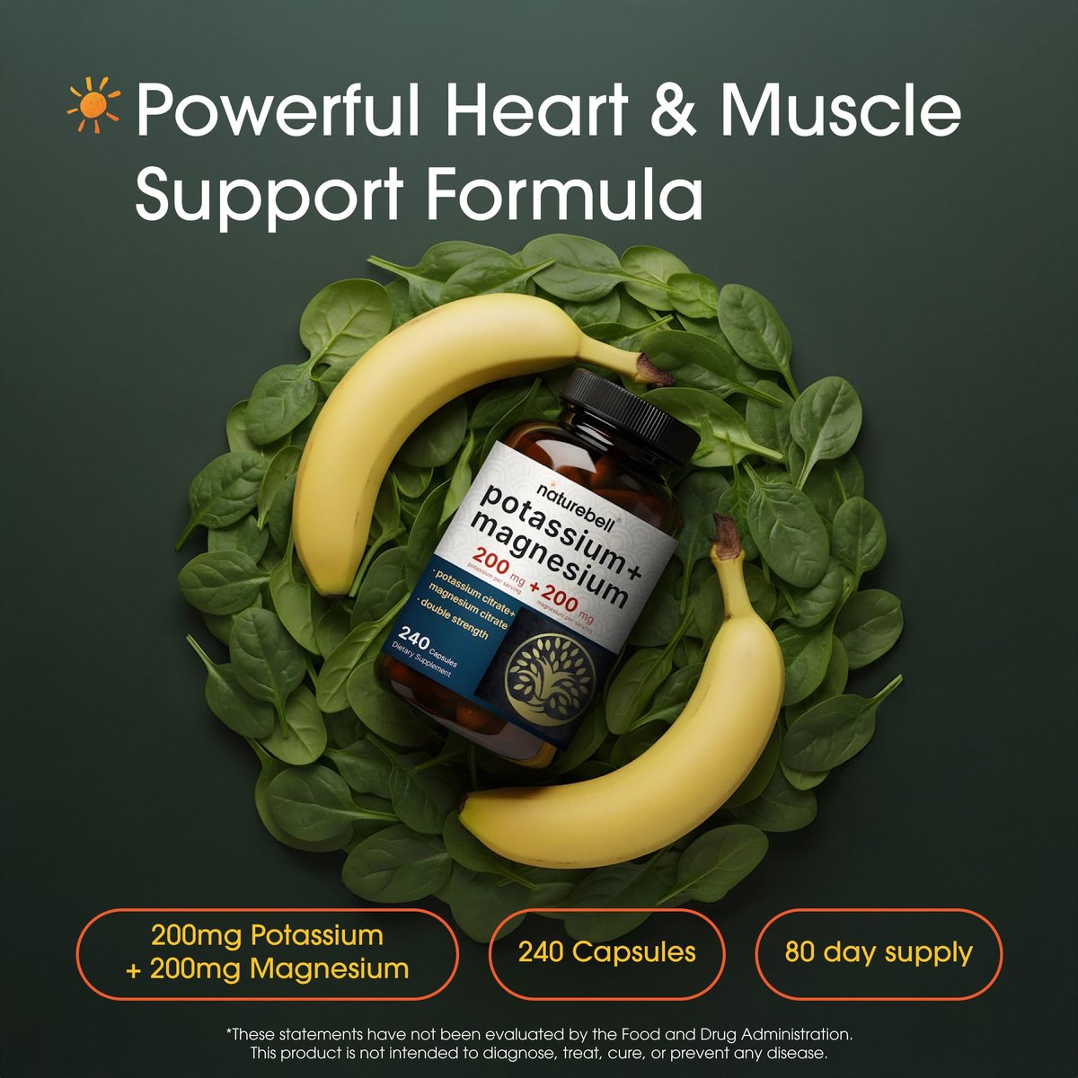 NatureBell Kalium Magnesium - 240 Kapseln - 200mg Kaliumcitrat & 200mg Magnesiumcitrat - Hochabsorbierender Elektrolyt & Kreislaufunterstützung* - Muskel- & Herzunterstützung*