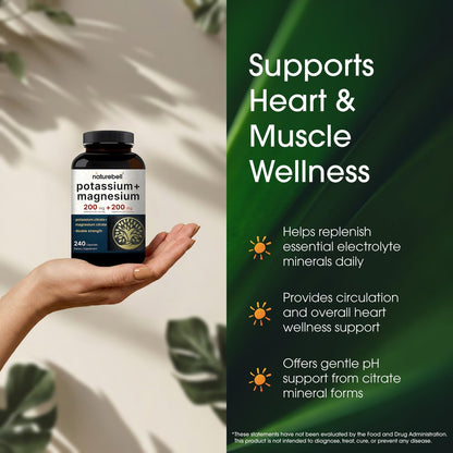 NatureBell Kalium Magnesium - 240 Kapseln - 200mg Kaliumcitrat & 200mg Magnesiumcitrat - Hochabsorbierender Elektrolyt & Kreislaufunterstützung* - Muskel- & Herzunterstützung*