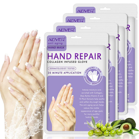 4er-Pack Handpflege-Handschuhe, Hand-Spa-Maske mit Kollagen, Serum + Vitamine + natürliche Pflanzenextrakte für trockene, rissige Hände, Feuchtigkeitsmaske für Hände, repariert raue Haut für Damen & Herren